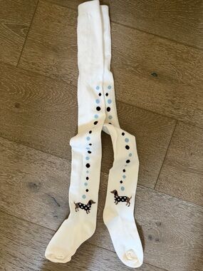 Girls Gymboree Polka Dot Prep White Tights Dachshund Dog Size 5-7 Like New!